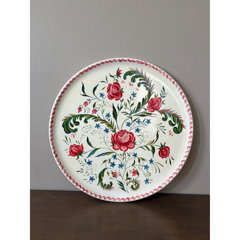 Vintage Large Wooden Hand-Painted Floral Tray Wall Hanging 16”